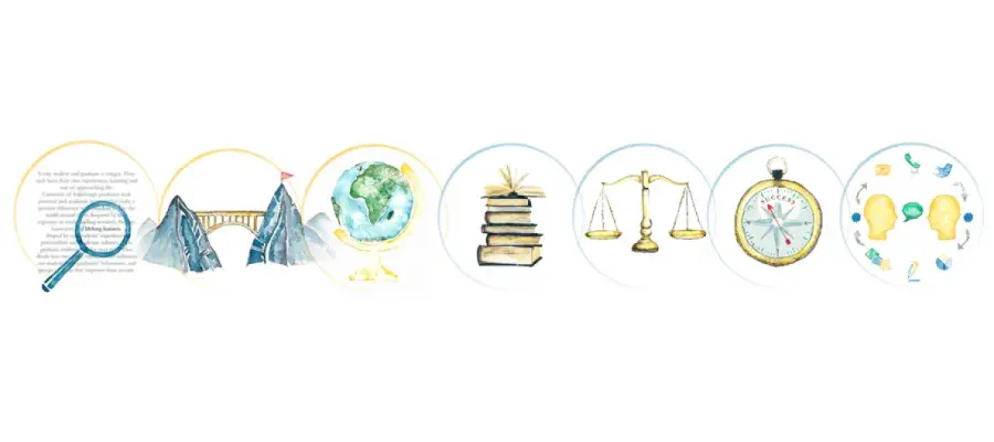 Bubbles of images with magnifier, bridge, globe, books, compass