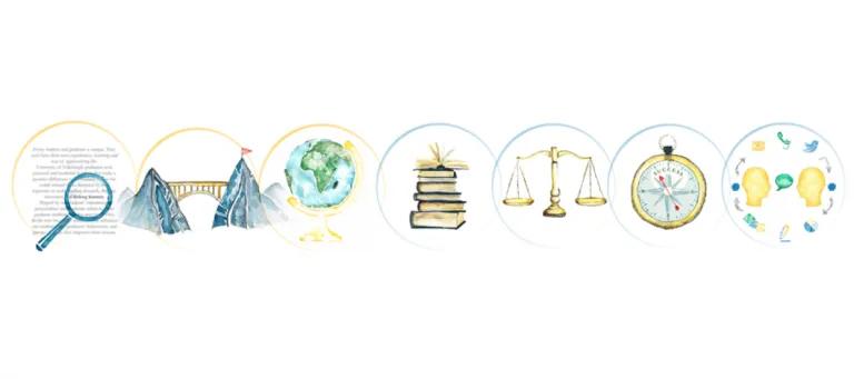 Bubbles of images with magnifier, bridge, globe, books, compass